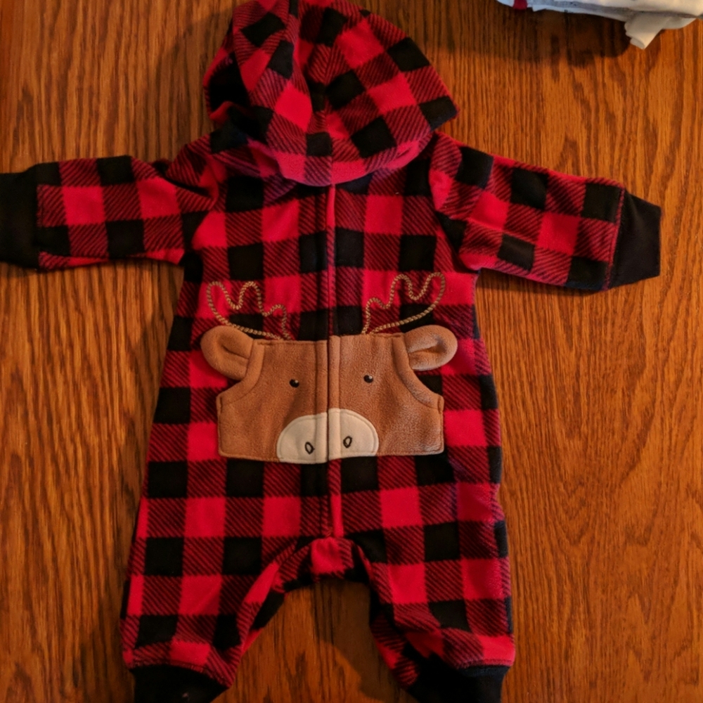 Red Buffalo plaid hooded onesie with moose